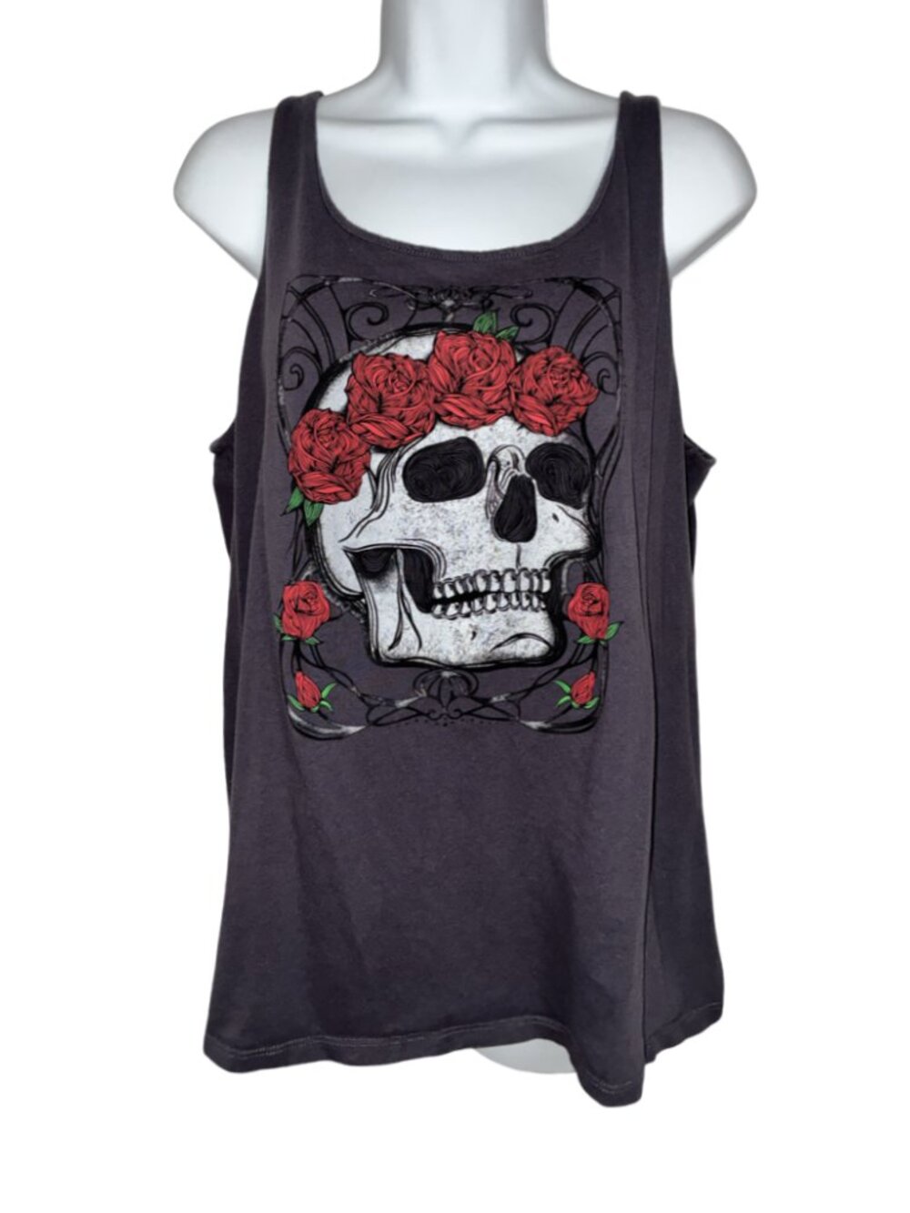 Sz.2X*Torrid*Dark Gray Tank Top W/ Skull & Red Roses - Picture 3 of 5